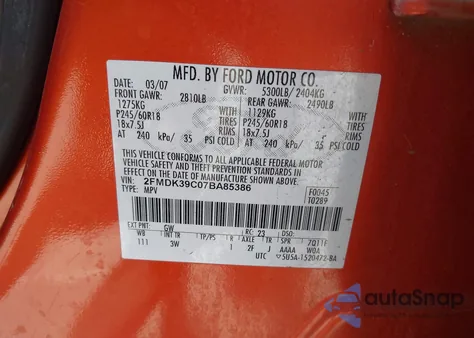 2007 Ford Edge Sel Plus из США, поврежденный, VIN 2FMDK39C07BA85386